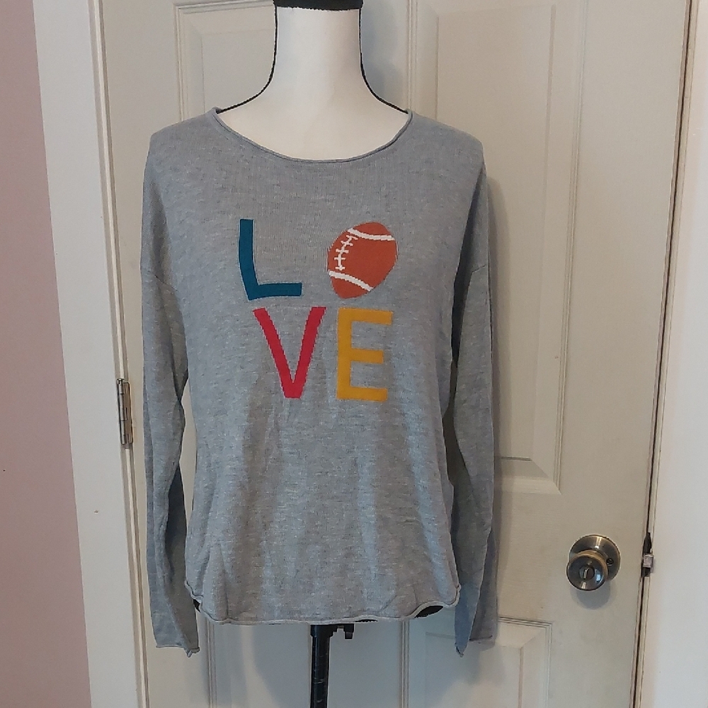 Rachel Zoe I Love Football 5 Percent Cashmere Blend Gray Knit Sweater Size L